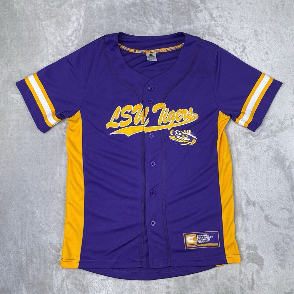 Vintage LSU Tigers Colosseum Baseball Jersey Youth L 16-18 Purple